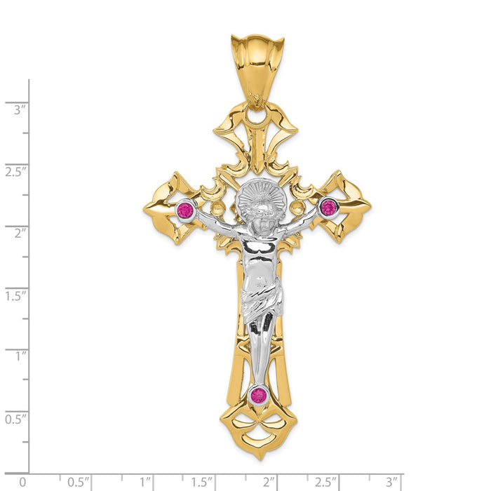 Million Charms 14K Two-Tone Polished With Red Czs Relgious Crucifix Pendant