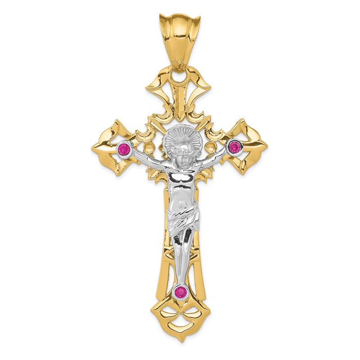 Million Charms 14K Two-Tone Polished With Red Czs Relgious Crucifix Pendant