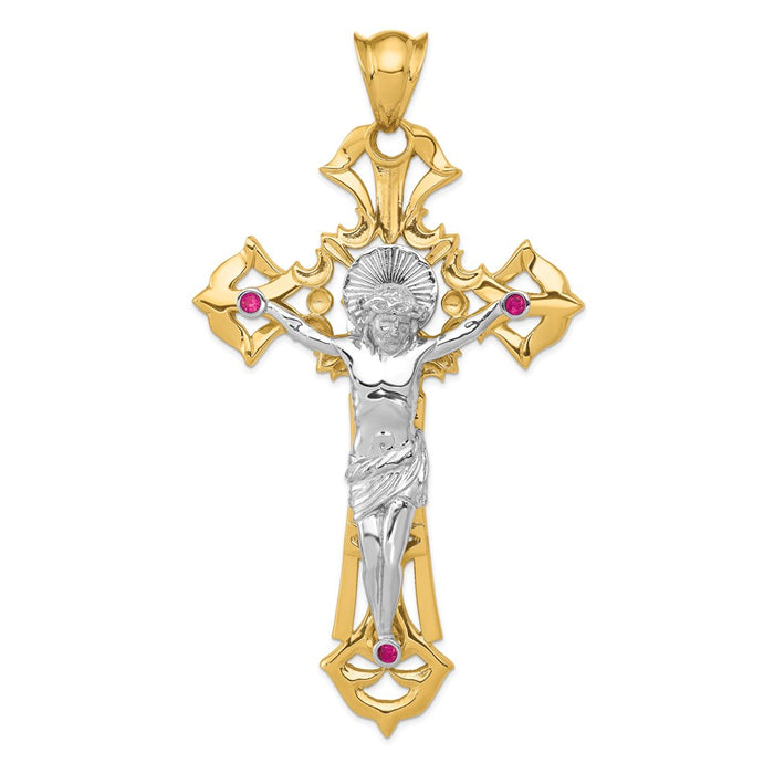 Million Charms 14K Two-Tone Polished With Red Czs Relgious Crucifix Pendant