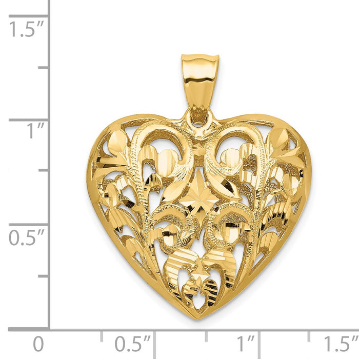 Million Charms 14K Yellow Gold Themed Polished Diamond-Cut Filigree 3-D Heart Pendant