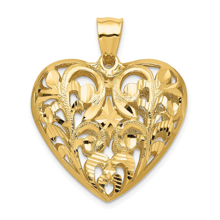 Million Charms 14K Yellow Gold Themed Polished Diamond-Cut Filigree 3-D Heart Pendant