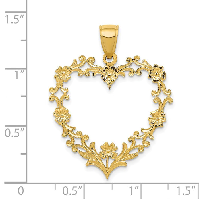 Million Charms 14K Yellow Gold Themed Polished Floral Border Heart Pendant