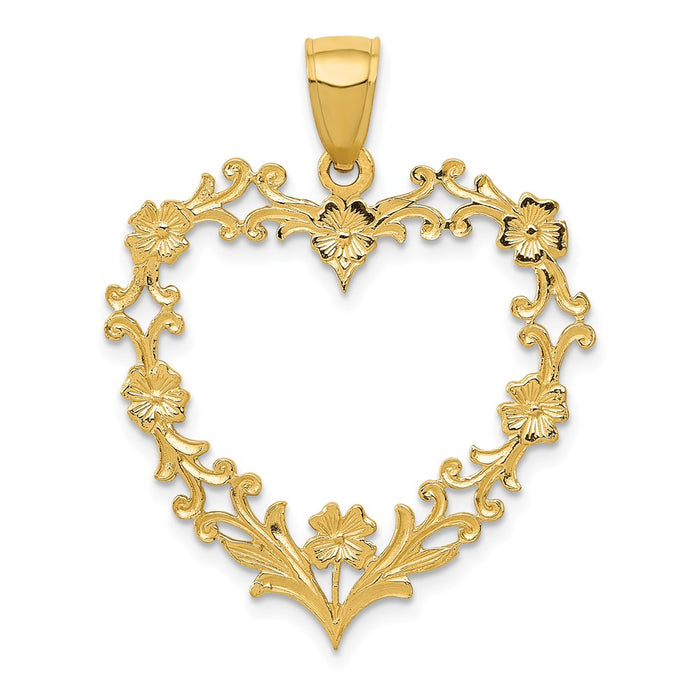 Million Charms 14K Yellow Gold Themed Polished Floral Border Heart Pendant