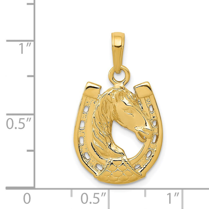 Million Charms 14K Yellow Gold Themed Solid Polished Horse Head In Horseshoe Pendant