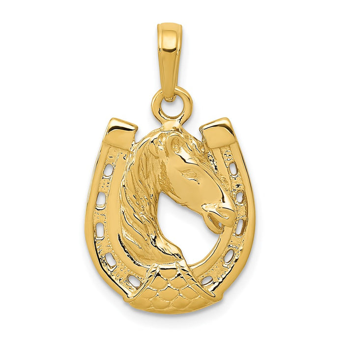 Million Charms 14K Yellow Gold Themed Solid Polished Horse Head In Horseshoe Pendant