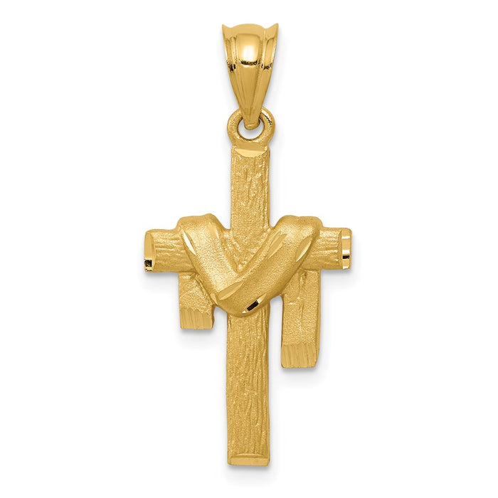 Million Charms 14K Yellow Gold Themed Satin Draped Relgious Cross Pendant