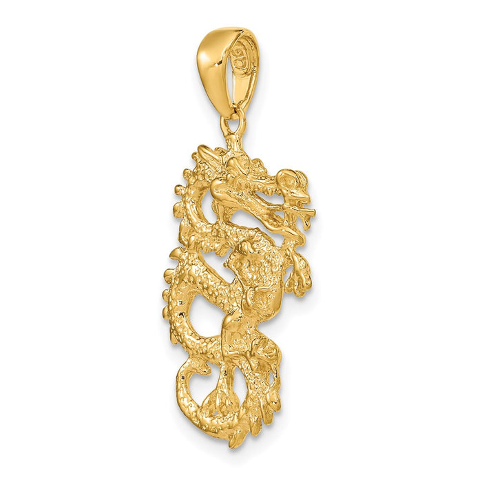 Million Charms 14K Yellow Gold Themed Solid 3-Dimensional Dragon Pendant