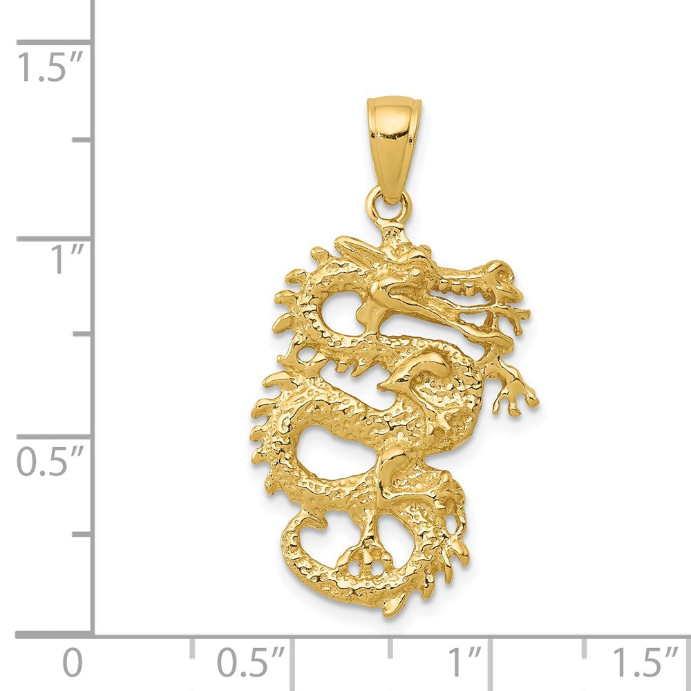 Million Charms 14K Yellow Gold Themed Solid 3-Dimensional Dragon Pendant
