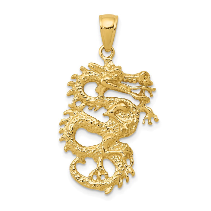 Million Charms 14K Yellow Gold Themed Solid 3-Dimensional Dragon Pendant