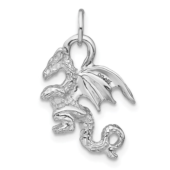 Million Charms 14K White Gold Themed Solid Polished 3-Dimensional Dragon Charm