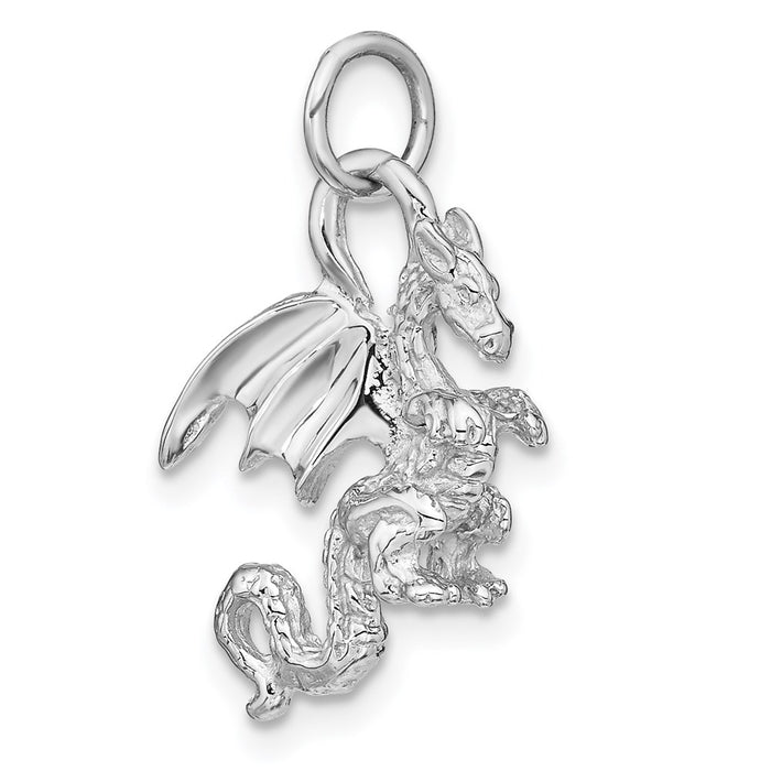 Million Charms 14K White Gold Themed Solid Polished 3-Dimensional Dragon Charm