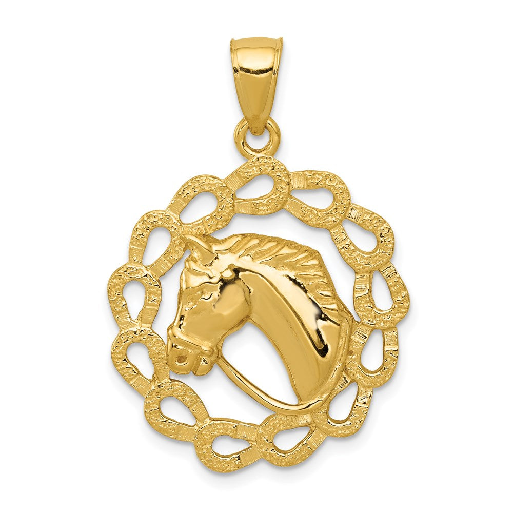 Million Charms 14K Yellow Gold Themed Solid Polished Horse Head In Horseshoes Pendant