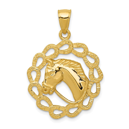 Million Charms 14K Yellow Gold Themed Solid Polished Horse Head In Horseshoes Pendant