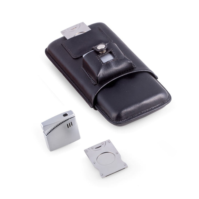 Occasion Gallery Black Color Black Leather Three Cigar Holder with Stainless Steel Cutter and Lighter.  3.75 L x 7 W x 2 H in.