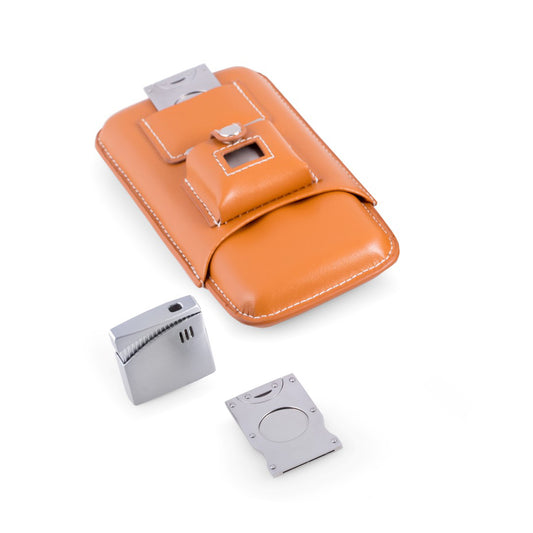 Occasion Gallery Tan Color Brown Leather Three Cigar Holder with Stainless Steel Cutter and Lighter.  3.75 L x 7 W x 2 H in.