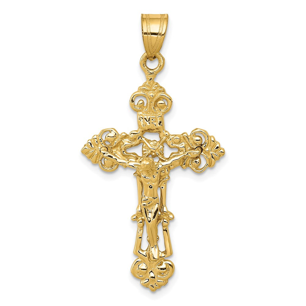 Million Charms 14K Yellow Gold Themed Inri Fleur De Lis Relgious Crucifix Pendant