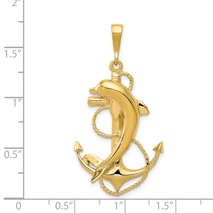 Million Charms 14K Yellow Gold Themed Solid Polished Nautical Anchor With Dolphin Pendant