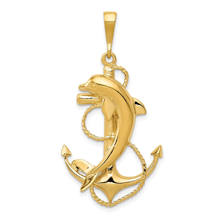 Million Charms 14K Yellow Gold Themed Solid Polished Nautical Anchor With Dolphin Pendant