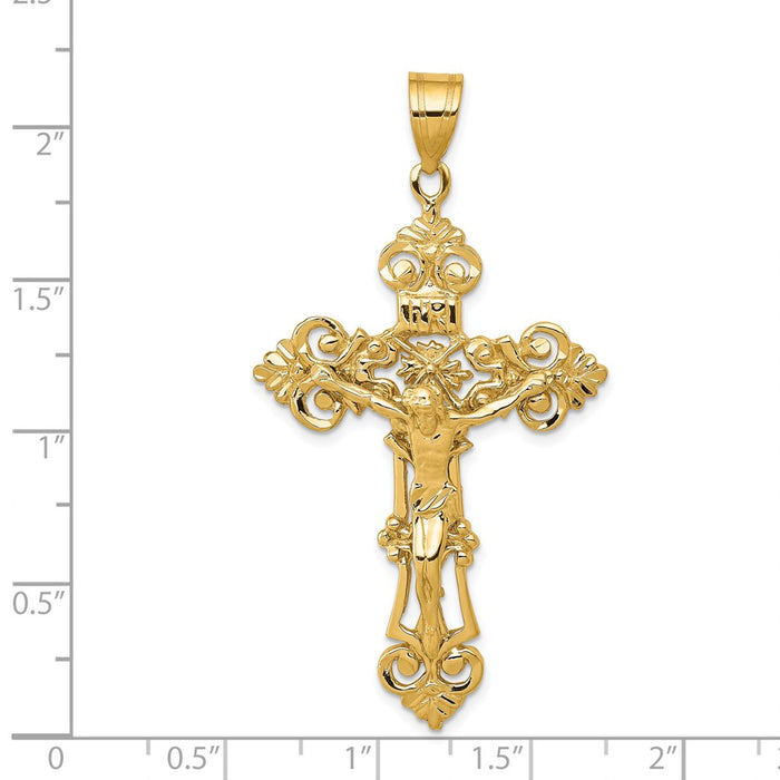 Million Charms 14K Yellow Gold Themed Inri Fleur De Lis Relgious Crucifix Pendant