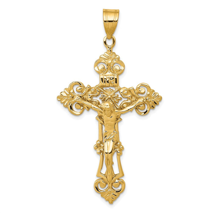 Million Charms 14K Yellow Gold Themed Inri Fleur De Lis Relgious Crucifix Pendant