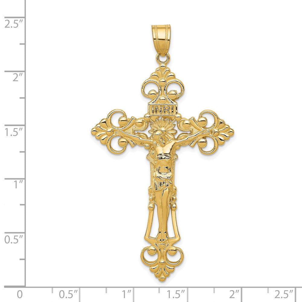 Million Charms 14K Yellow Gold Themed Inri Fleur De Lis Relgious Crucifix Pendant