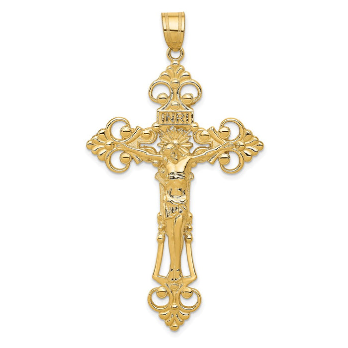 Million Charms 14K Yellow Gold Themed Inri Fleur De Lis Relgious Crucifix Pendant