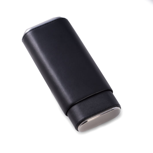 Occasion Gallery Black Color Black Leather with Chrome Accent and Cedar Lined Telescoping Three Cigar Holder. 6.25 L x 3 W x 1.5 H in.