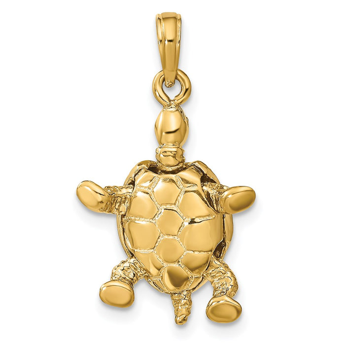 Million Charms 14K Yellow Gold Themed Solid Polished 3-Dimensional Moveable Turtle Pendant