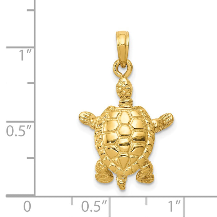 Million Charms 14K Yellow Gold Themed Solid Polished 3-Dimensional Moveable Turtle Pendant