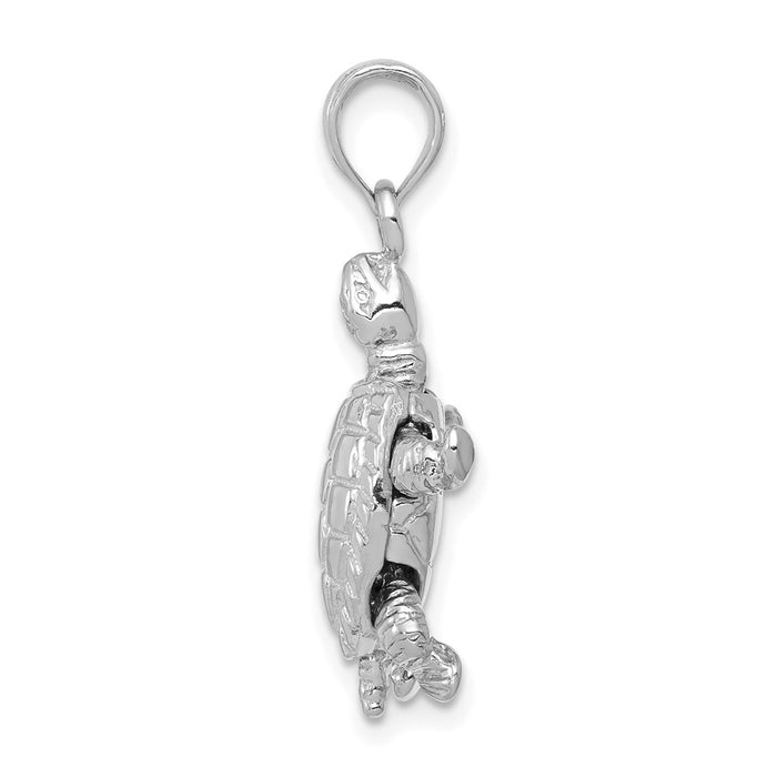 Million Charms 14K White Gold Themed Solid Polished 3-Dimensional Moveable Turtle Pendant