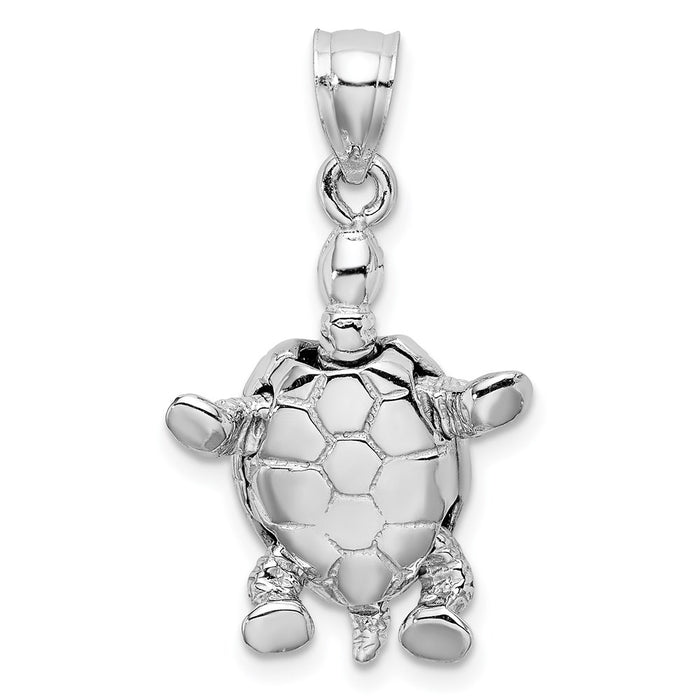 Million Charms 14K White Gold Themed Solid Polished 3-Dimensional Moveable Turtle Pendant