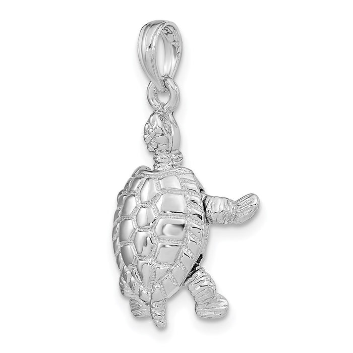 Million Charms 14K White Gold Themed Solid Polished 3-Dimensional Moveable Turtle Pendant