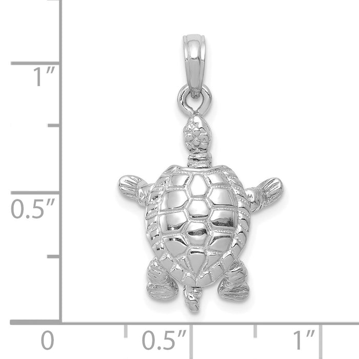 Million Charms 14K White Gold Themed Solid Polished 3-Dimensional Moveable Turtle Pendant