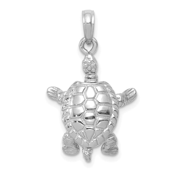 Million Charms 14K White Gold Themed Solid Polished 3-Dimensional Moveable Turtle Pendant