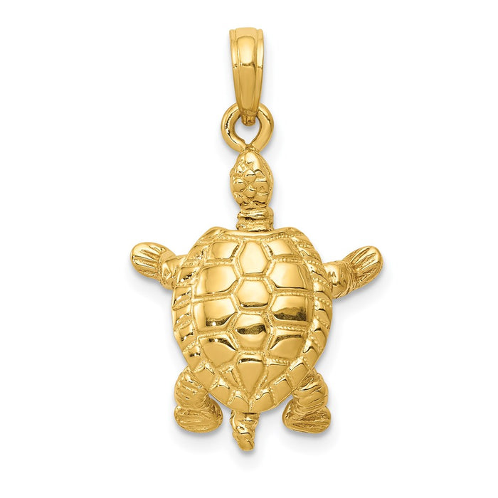 Million Charms 14K Yellow Gold Themed Solid Polished 3-Dimensional Moveable Turtle Pendant