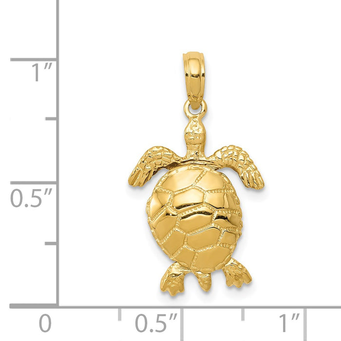 Million Charms 14K Yellow Gold Themed Solid Polished 3-Dimensional Moveable Turtle Pendant