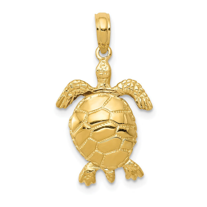 Million Charms 14K Yellow Gold Themed Solid Polished 3-Dimensional Moveable Turtle Pendant