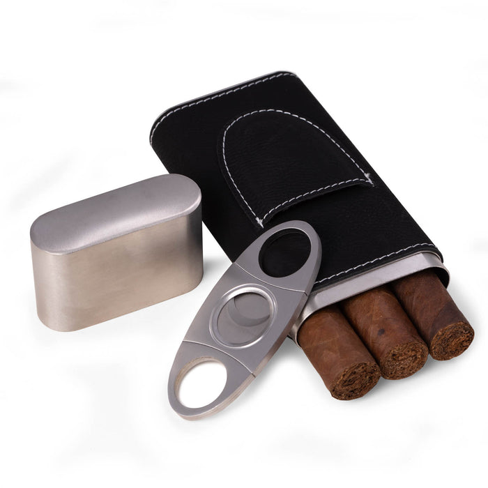 Occasion Gallery Black Color Black leather 3 cigar case with cigar cutter 2.75 L x 1.25 W x 6.75 H in.
