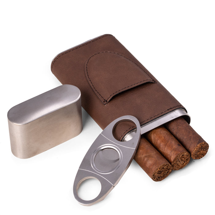 Occasion Gallery Brown Color Brown leather 3 cigar case with cigar cutter 2.75 L x 1.25 W x 6.75 H in.