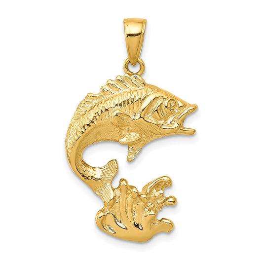 Million Charms 14K Yellow Gold Themed Polished Open-Backed Bass Fish Pendant