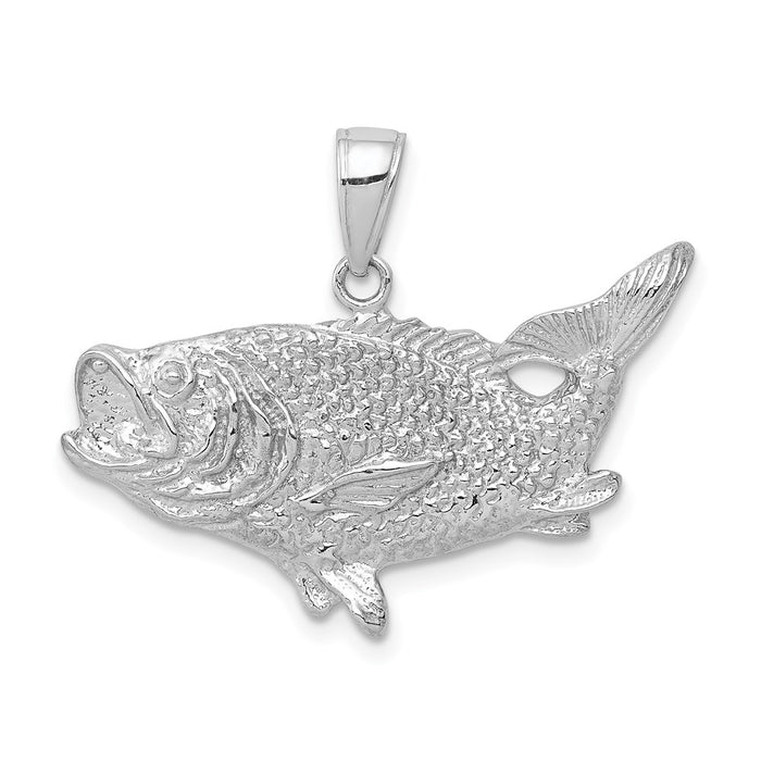 Million Charms 14K White Gold Themed Polished Open-Backed Bass Fish Pendant