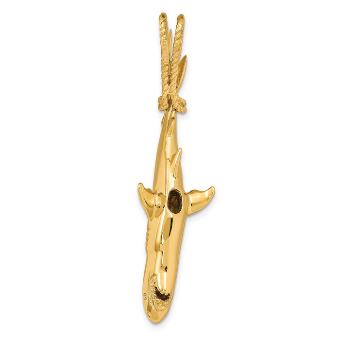 Million Charms 14K Yellow Gold Themed Hollow Polished 3-Dimensional Hanging Shark Pendant