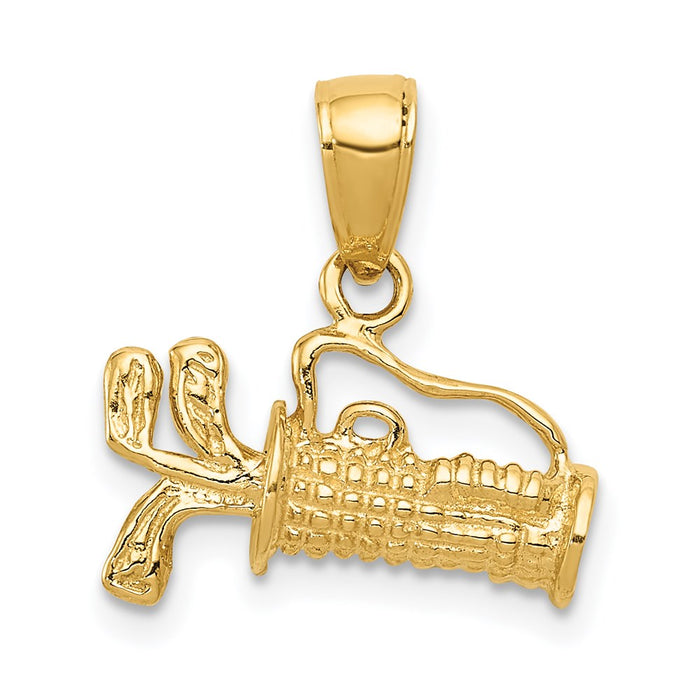 Million Charms 14K Yellow Gold Themed Solid Polished 3-Dimensional Sports Golf Bag With Clubs Charm