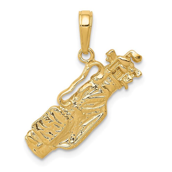 Million Charms 14K Yellow Gold Themed Solid Polished Open-Backed Sports Golf Bag With Clubs Charm