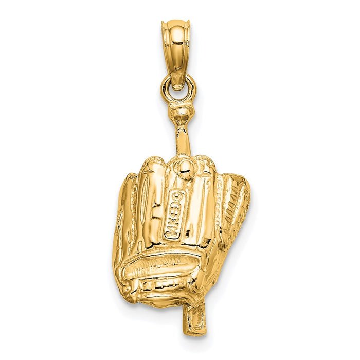 Million Charms 14K Yellow Gold Themed Polished 3-Dimensional Glove/Bat/Ball Sports Baseball Pendant