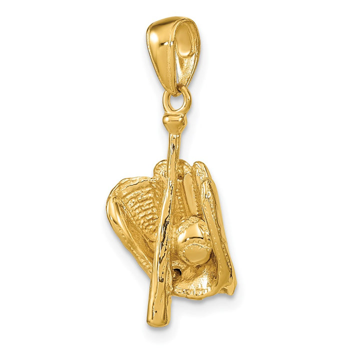 Million Charms 14K Yellow Gold Themed Polished 3-Dimensional Glove/Bat/Ball Sports Baseball Pendant