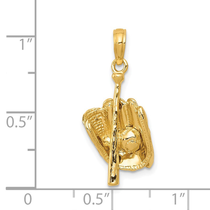 Million Charms 14K Yellow Gold Themed Polished 3-Dimensional Glove/Bat/Ball Sports Baseball Pendant