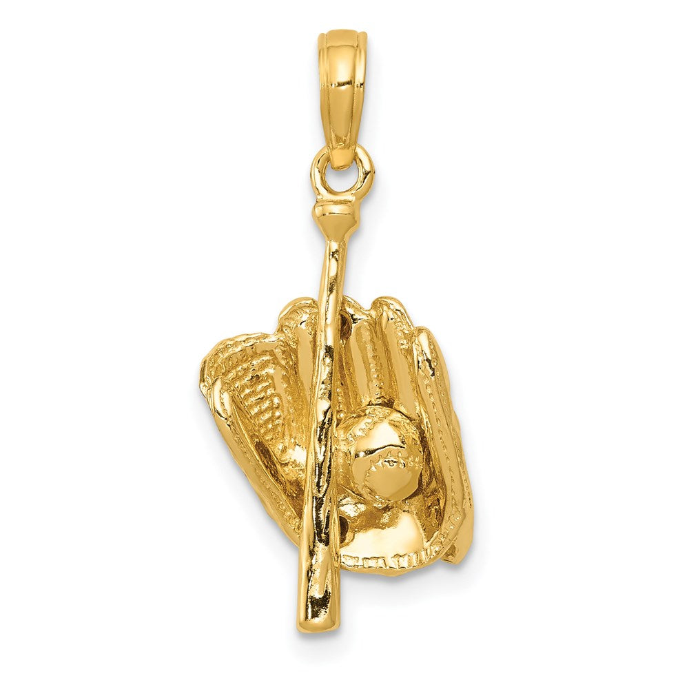 Million Charms 14K Yellow Gold Themed Polished 3-Dimensional Glove/Bat/Ball Sports Baseball Pendant