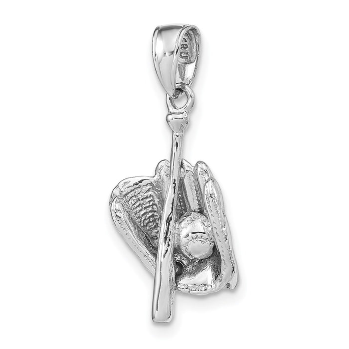 Million Charms 14K White Gold Themed Polished 3-Dimensional Glove/Bat/Ball Sports Baseball Pendant