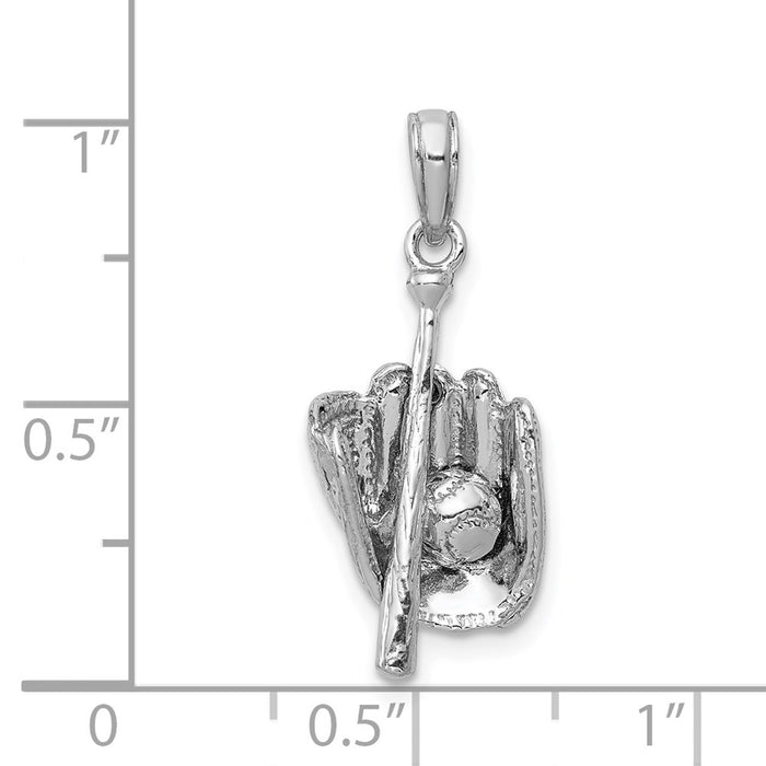 Million Charms 14K White Gold Themed Polished 3-Dimensional Glove/Bat/Ball Sports Baseball Pendant